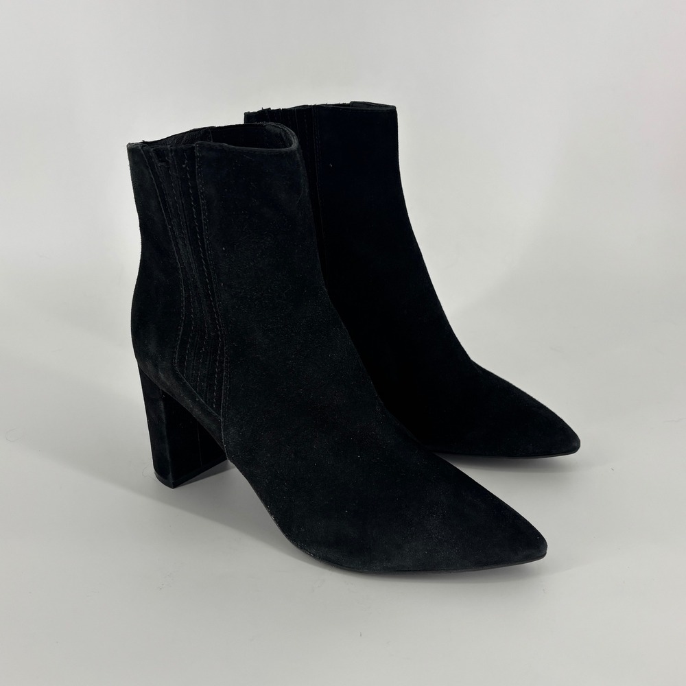 Aquatalia Sierra Suede Dress Bootie Black Women Size 10.5 Block Heel Pointed Toe